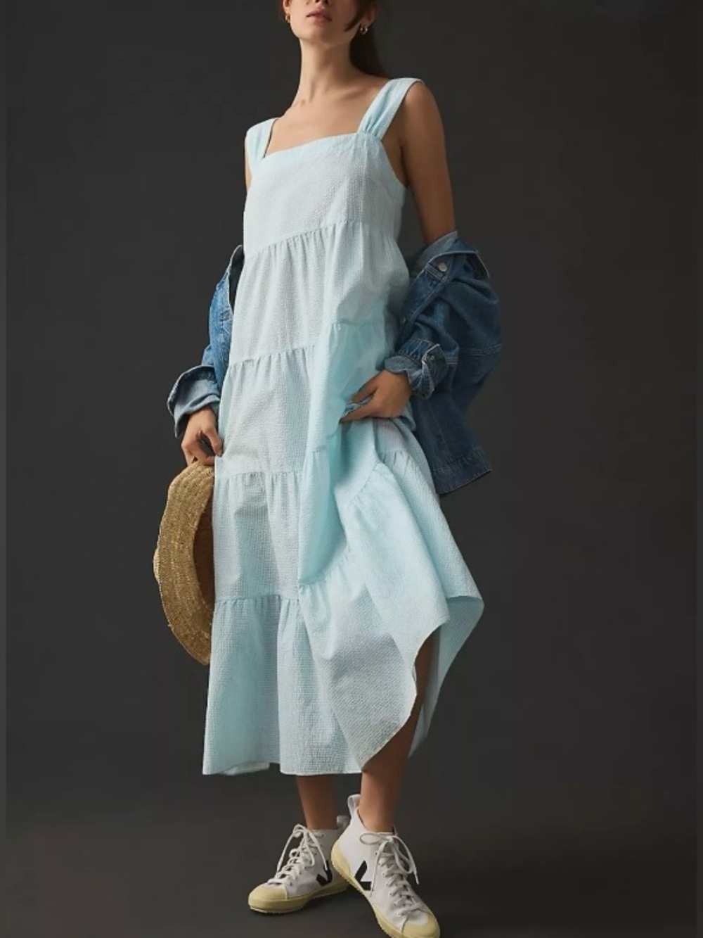 Anthropology Denimist Turquoise and White Striped Tiered Maxi Dress - Picture 2 of 11